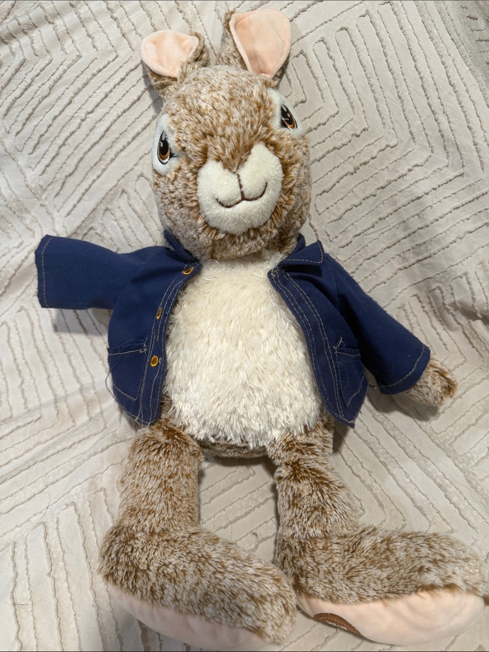 Plush Bunny Stuffed Animal in Brown with Navy Jacket